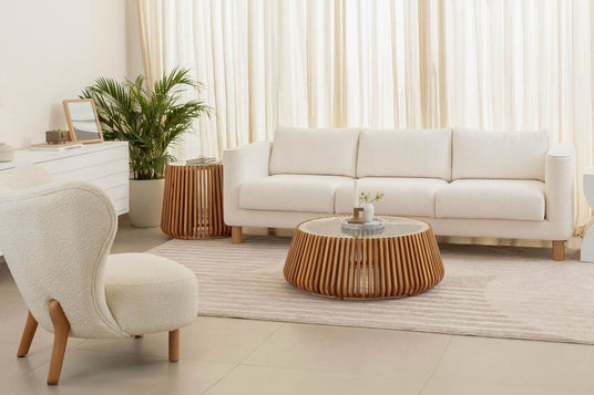 Hartley Round Acacia Wood and Glass Coffee Table - Natural, Light and Warm