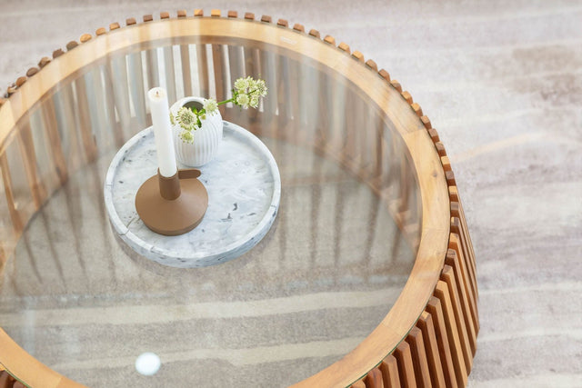 Hartley Round Acacia Wood and Glass Coffee Table - Tempered Glass Top