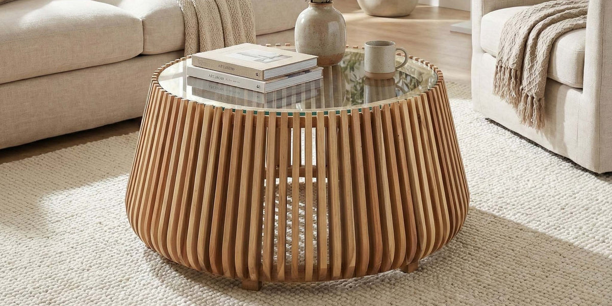 Hartley Round Acacia Wood and Glass Coffee Table