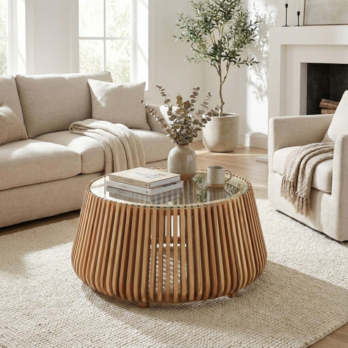 Hartley Round Acacia Wood and Glass Coffee Table