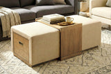 Helena storage ottoman as a coffee table in front of a grey sofa, tray holding books and tea