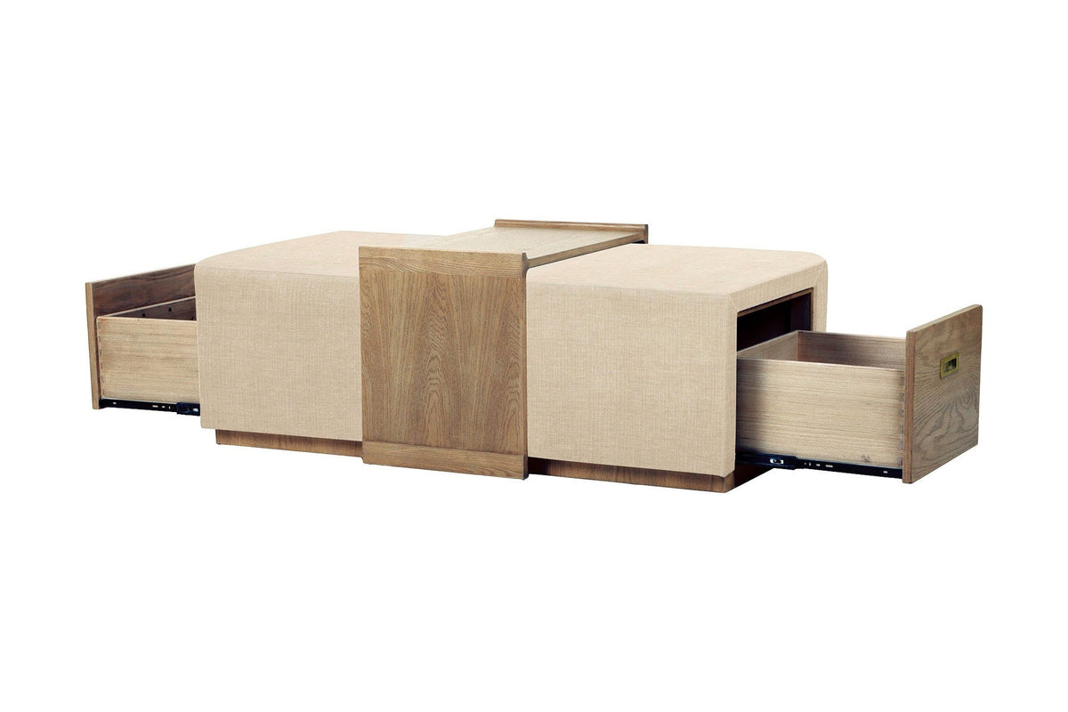 Helena storage ottoman with both end drawers pulled open