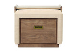 Helena ottoman end view showing the ash drawer front and brass-tone pull