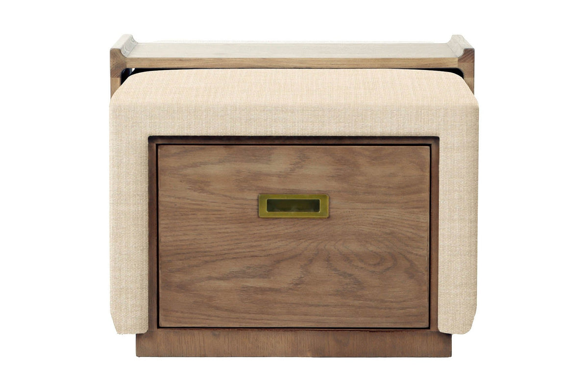 Helena ottoman end view showing the ash drawer front and brass-tone pull