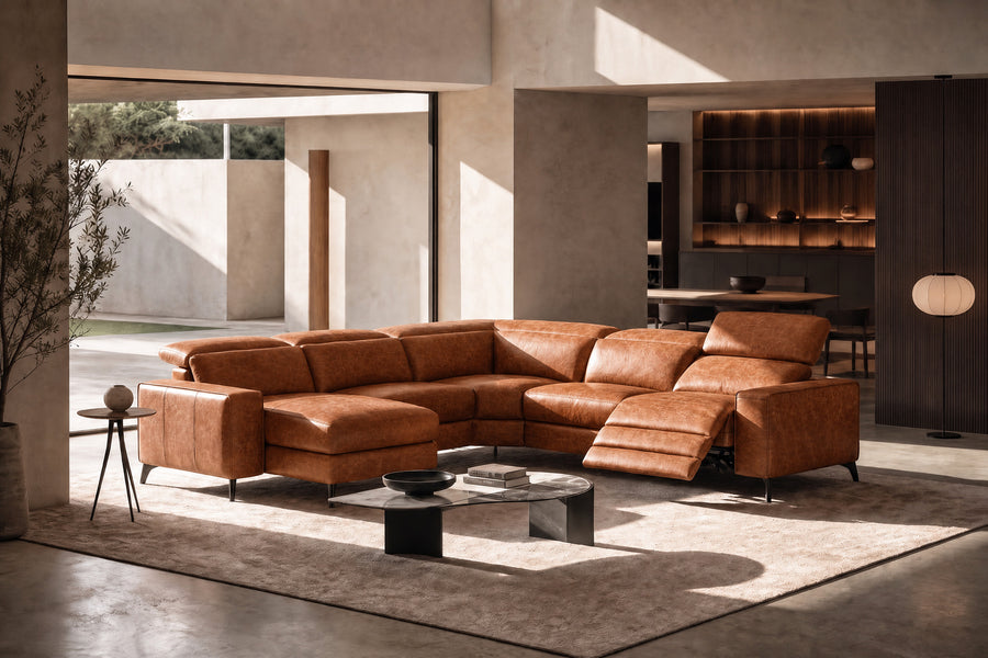 Esther Distressed Italian Aniline Leather Corner Recliner Sectional Sofa