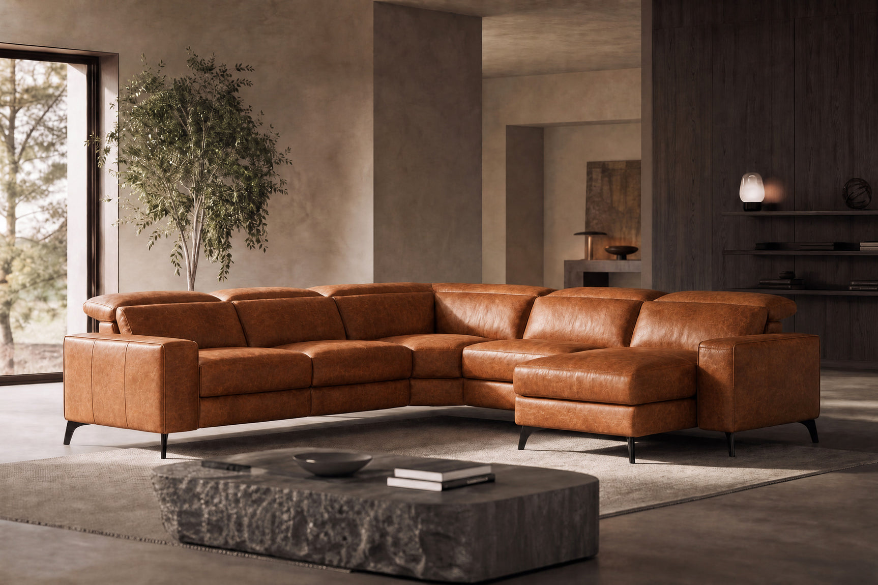 Esther Distressed Italian Aniline Leather Corner Recliner Sectional Sofa