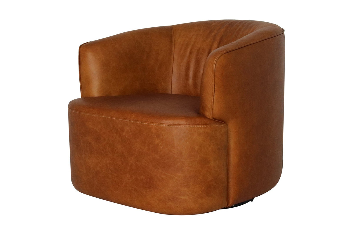 Hollis leather swivel accent chair in Saddle buffalo leather, three-quarter view