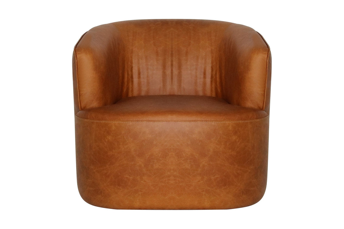 Hollis swivel chair in Saddle leather, front view of the barrel back