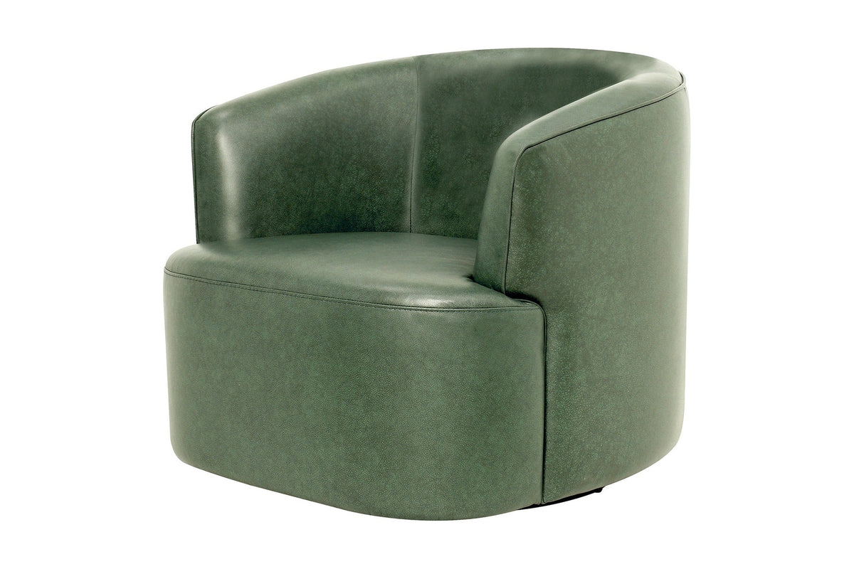 Hollis leather swivel accent chair in Forest Green top-grain leather, three-quarter view