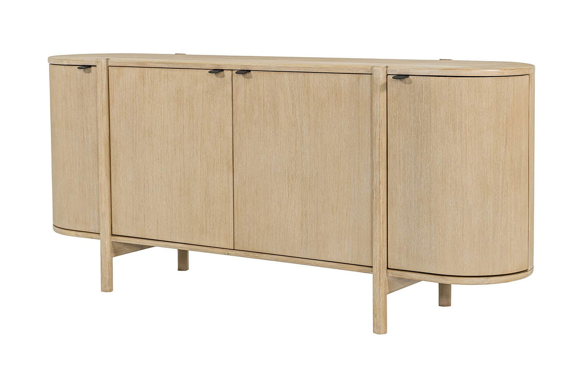 Ilaria natural acacia 4-door sideboard with rounded ends, three-quarter view