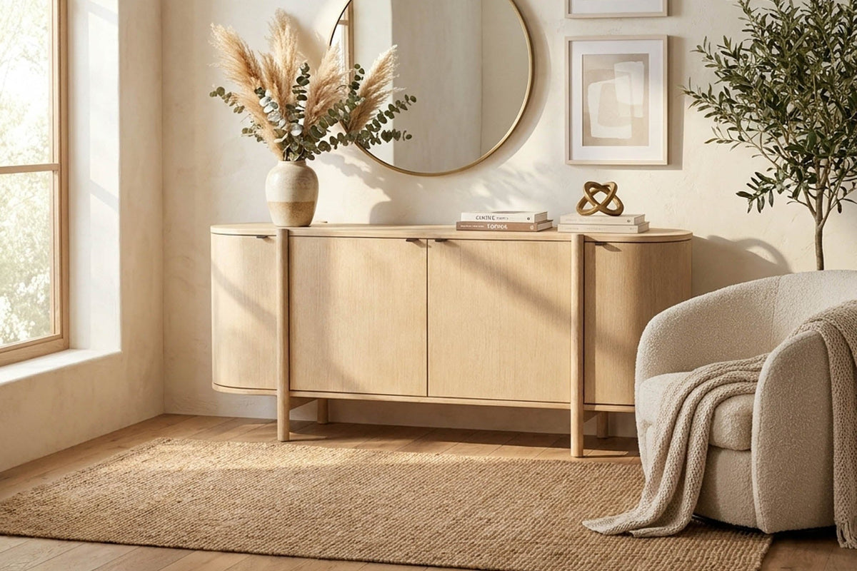 Ilaria acacia sideboard under a round mirror in a sunlit living room