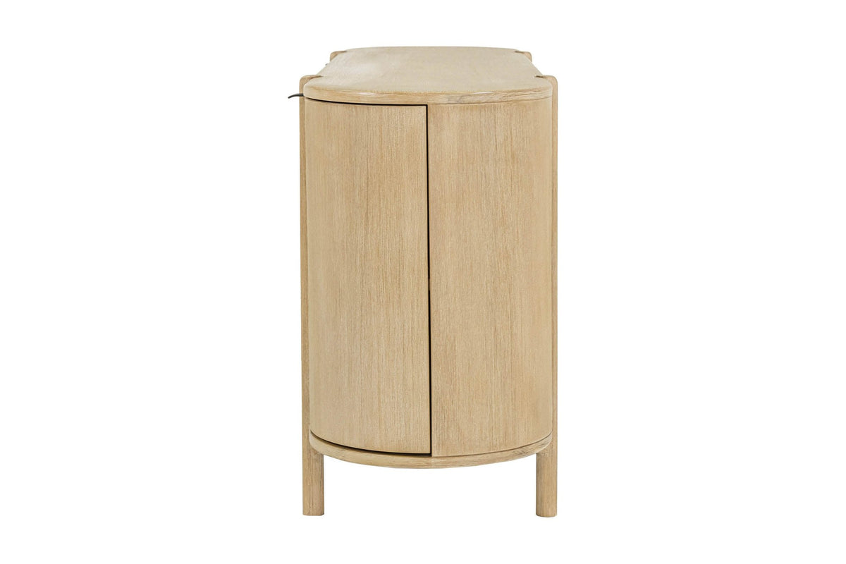 Side view of the Ilaria sideboard's curved end door and post legs