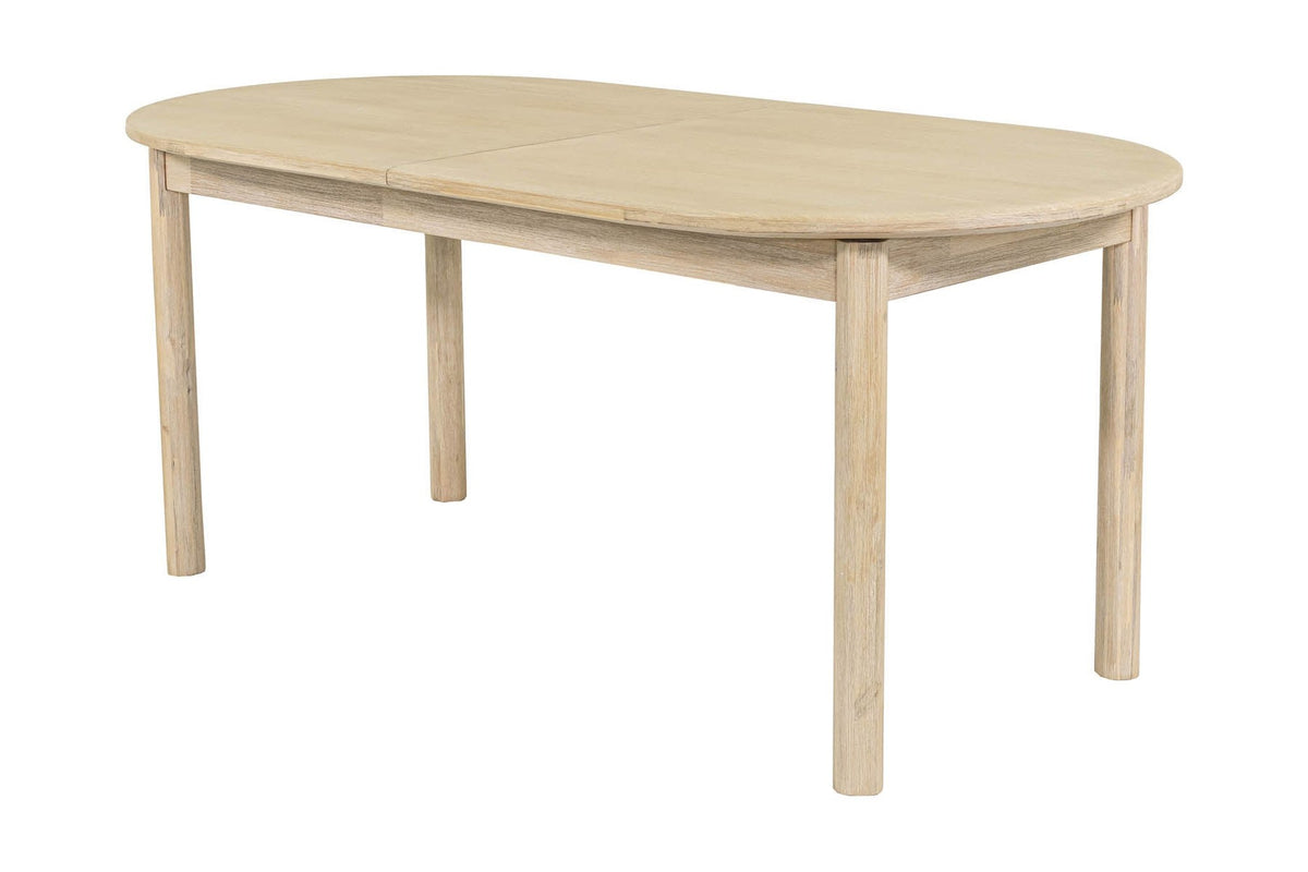 Ilaria natural acacia oval dining table closed at 71 in, three-quarter view