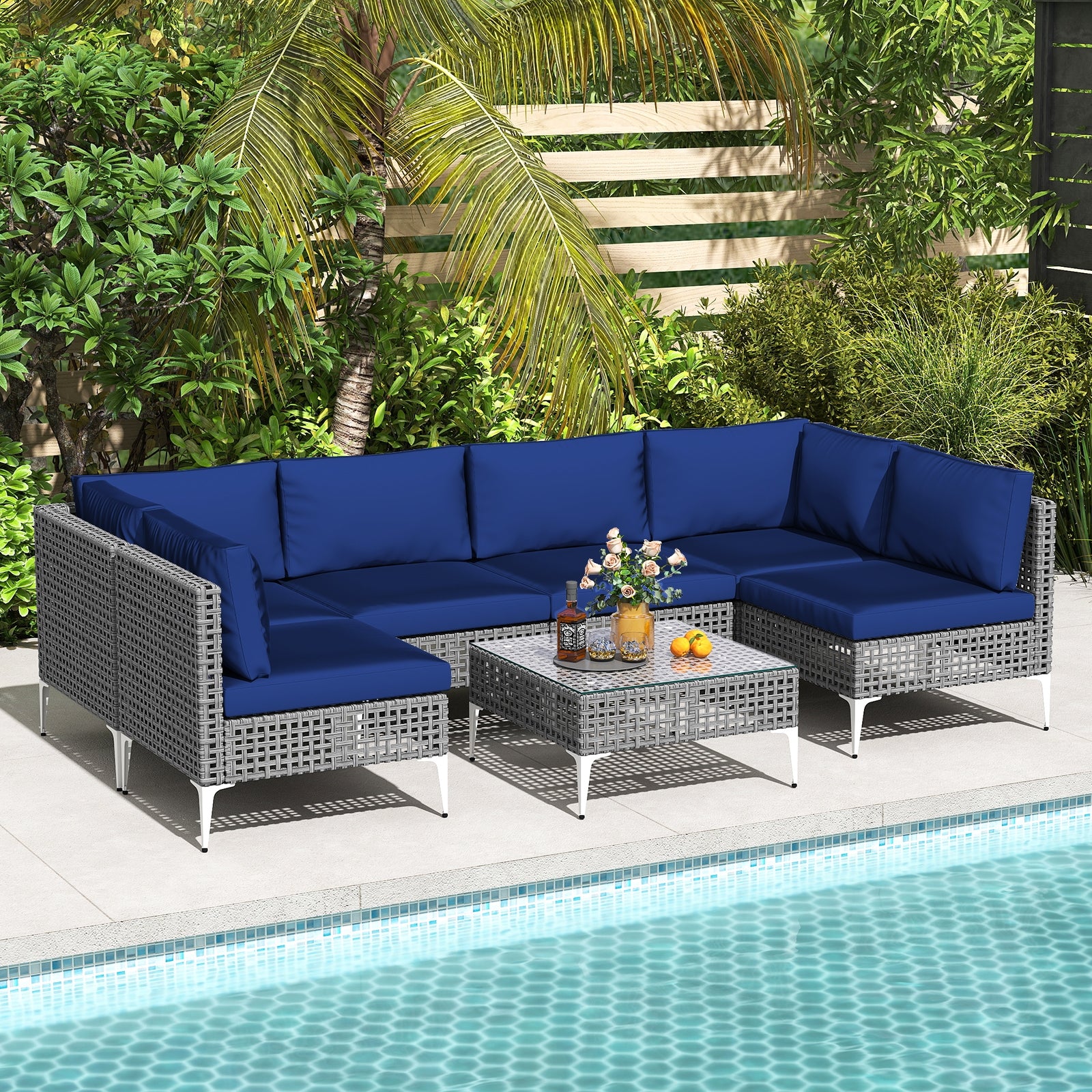 7 Piece Outdoor Furniture Set Wicker  Chairs with Tempered Glass Coffee Table