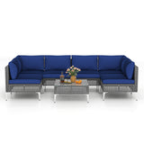 7 Piece Outdoor Furniture Set Wicker  Chairs with Tempered Glass Coffee Table