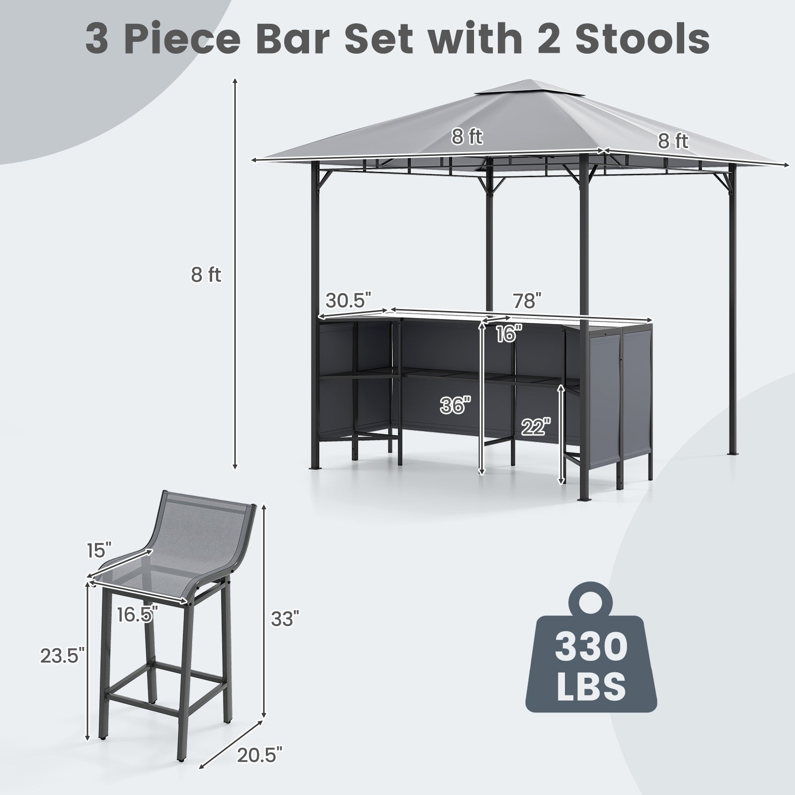 3-Piece Patio Bar Set 8 x 8 FT Double-Tier Grill Gazebo with 2 Bar Stools