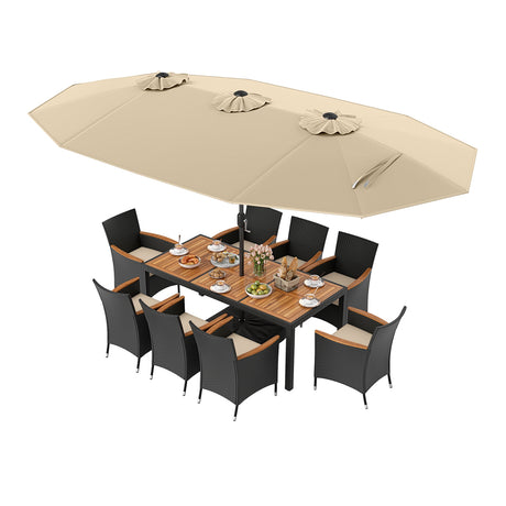 10 Piece Outdoor Dining Set with 15 Feet Double-Sided Twin Umbrella