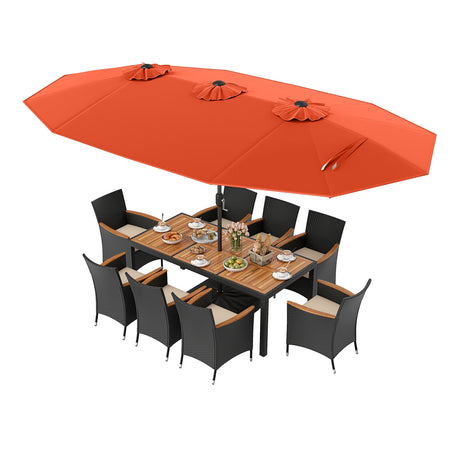 10 Piece Outdoor Dining Set with 15 Feet Double-Sided Twin Umbrella