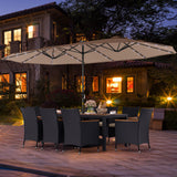 11 Pieces Patio Dining Set with LED Patio Umbrella with Base and Seat Cushions