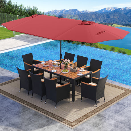 11 Pieces Patio Dining Set with LED Patio Umbrella with Base and Seat Cushions