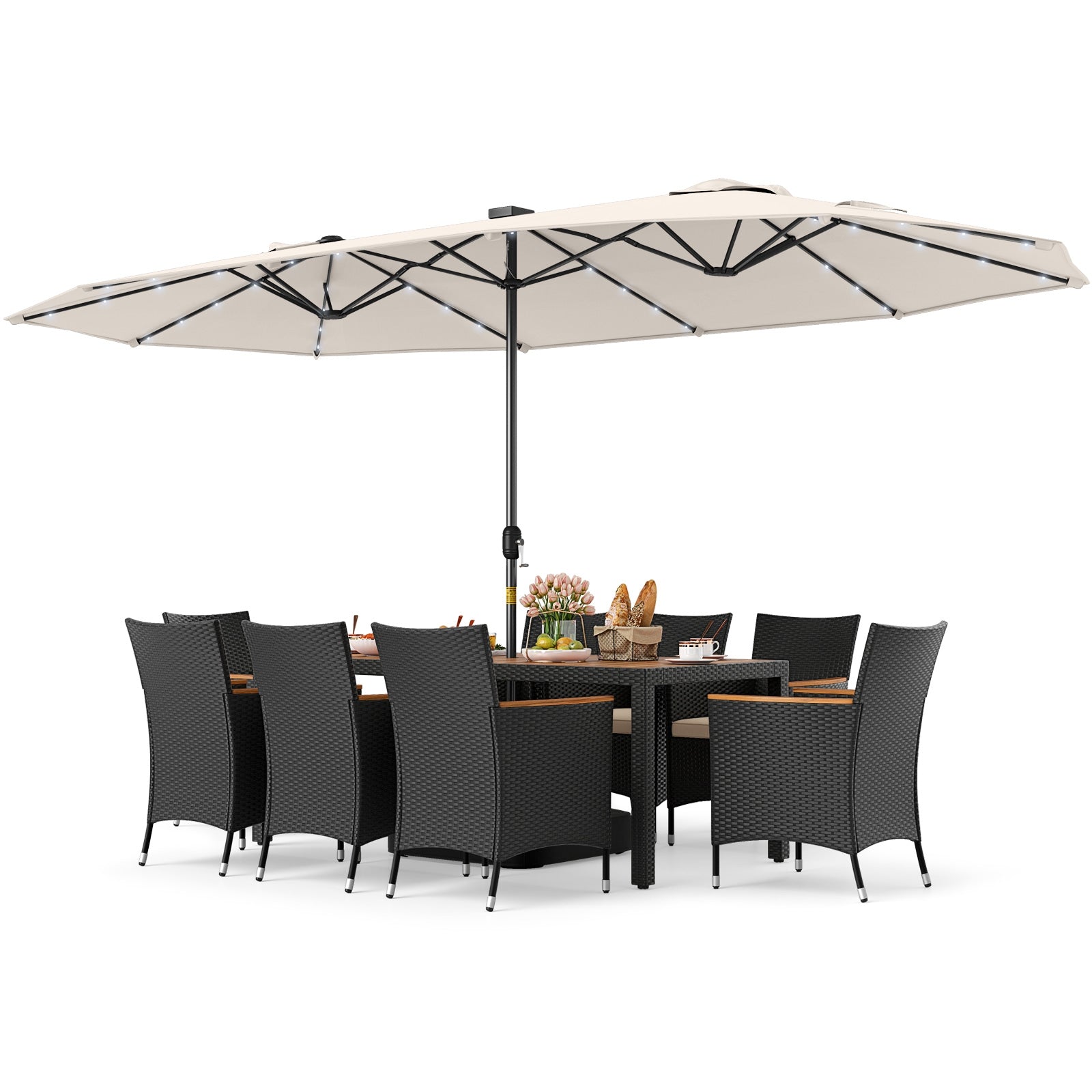 11 Pieces Patio Dining Set with LED Patio Umbrella with Base and Seat Cushions