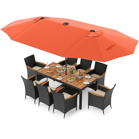 11 Pieces Patio Dining Set with LED Patio Umbrella with Base and Seat Cushions