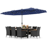 11 Pieces Patio Dining Set with LED Patio Umbrella with Base and Seat Cushions