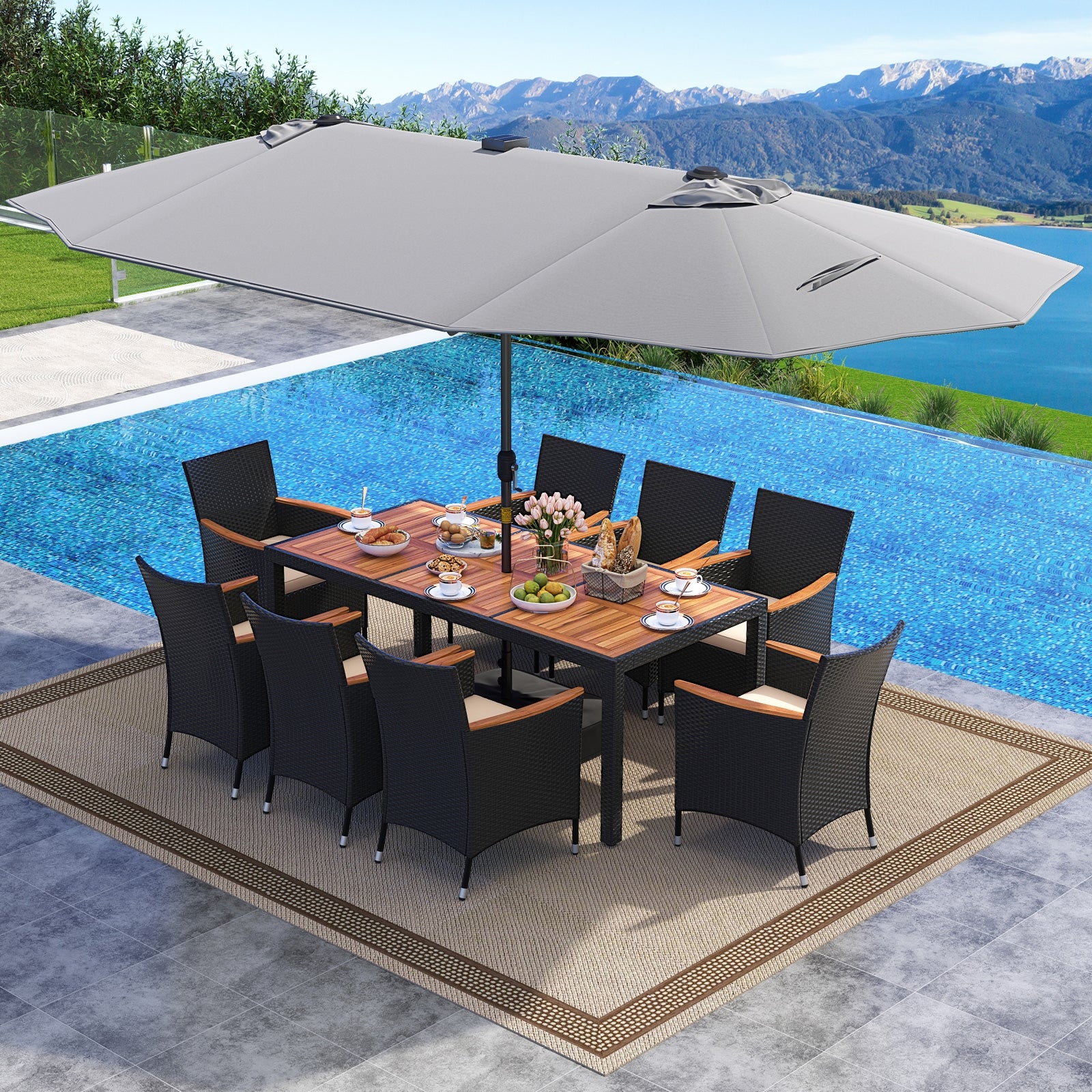 11 Pieces Patio Dining Set with LED Patio Umbrella with Base and Seat Cushions