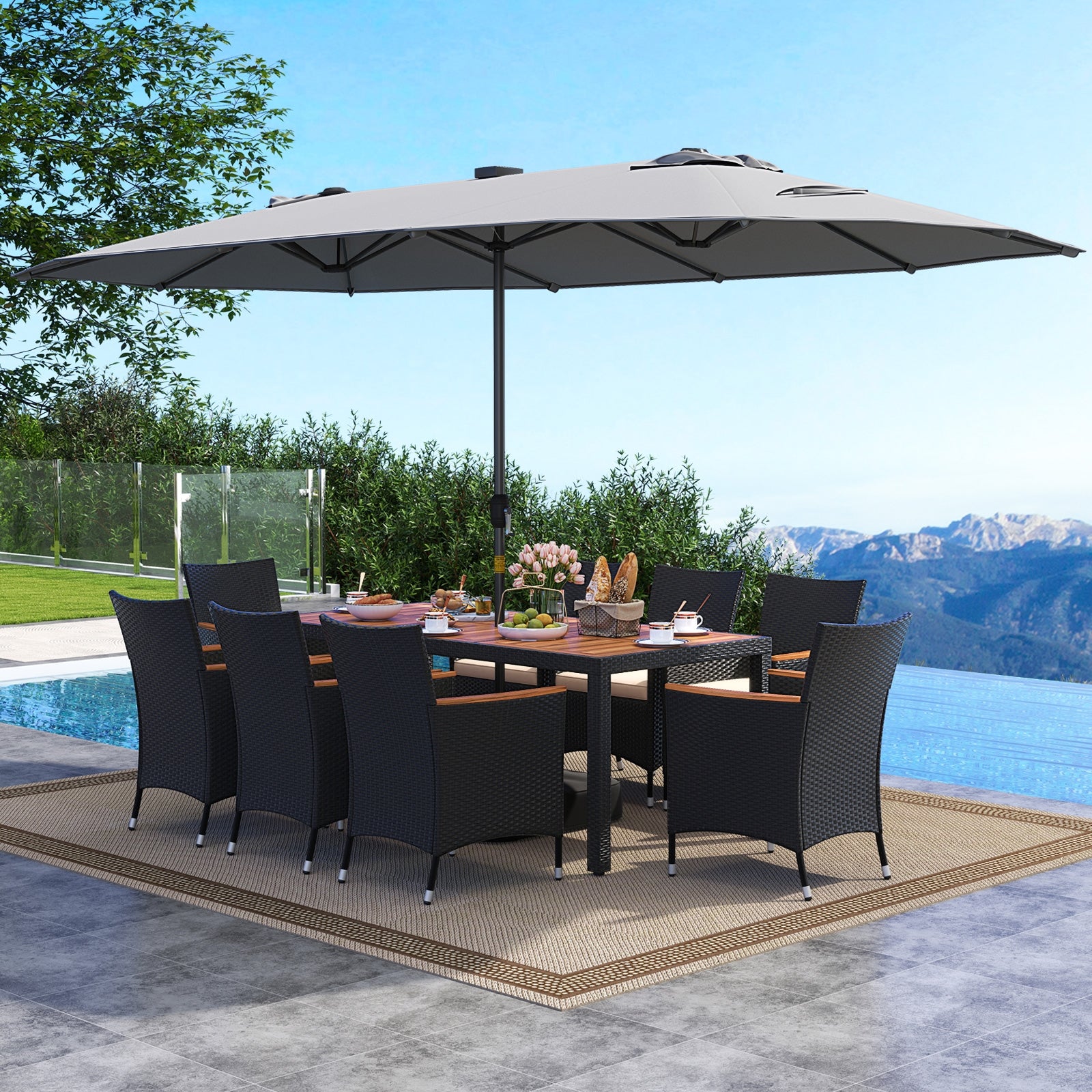 11 Pieces Patio Dining Set with LED Patio Umbrella with Base and Seat Cushions