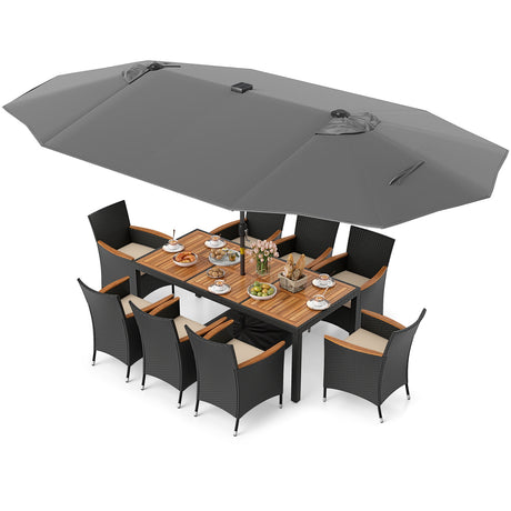 11 Pieces Patio Dining Set with LED Patio Umbrella with Base and Seat Cushions