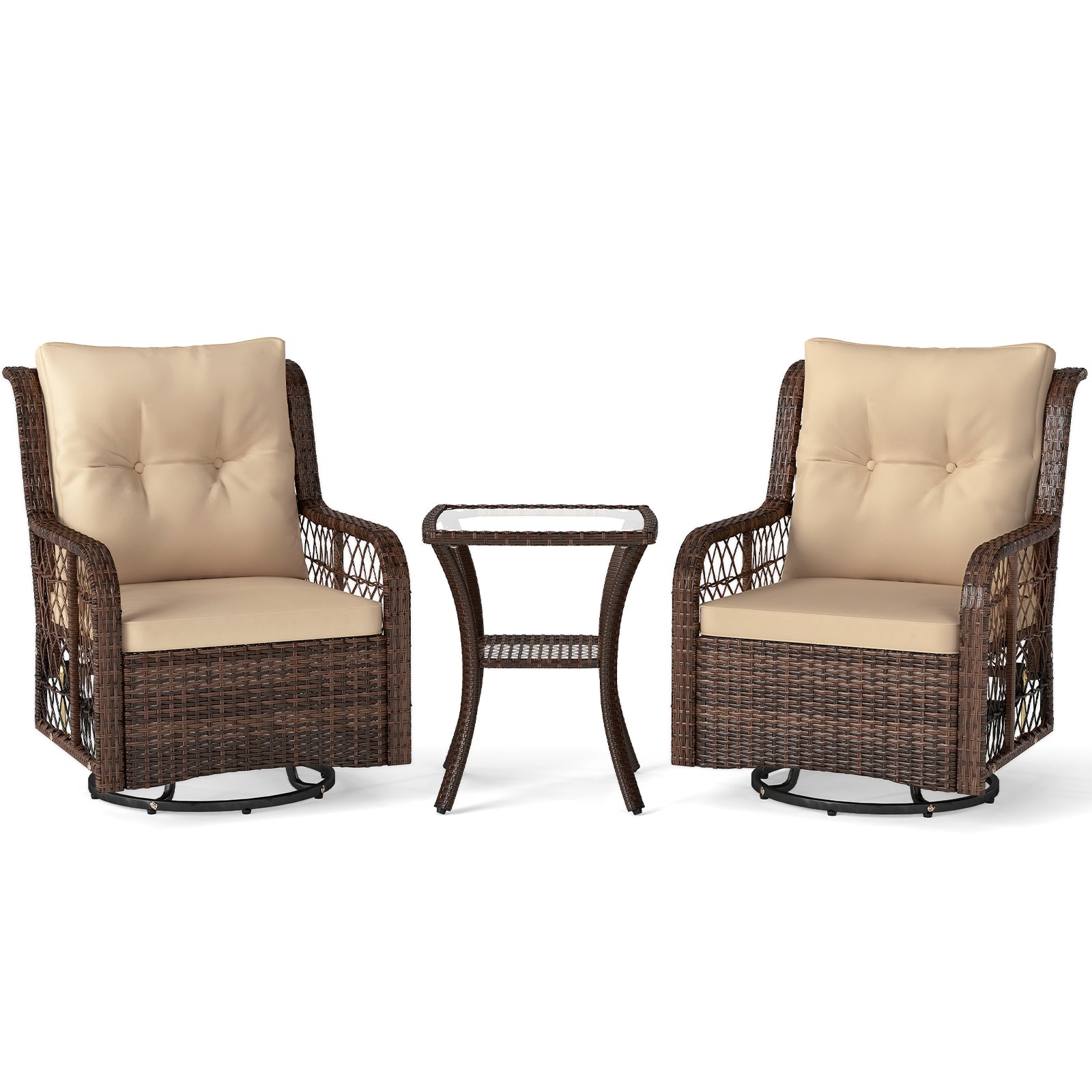 3 Pieces Patio Furniture Set PE Wicker Swivel Glider Chairs with 2-Tier Side Table and Cushions