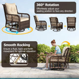 3 Pieces Patio Furniture Set PE Wicker Swivel Glider Chairs with 2-Tier Side Table and Cushions