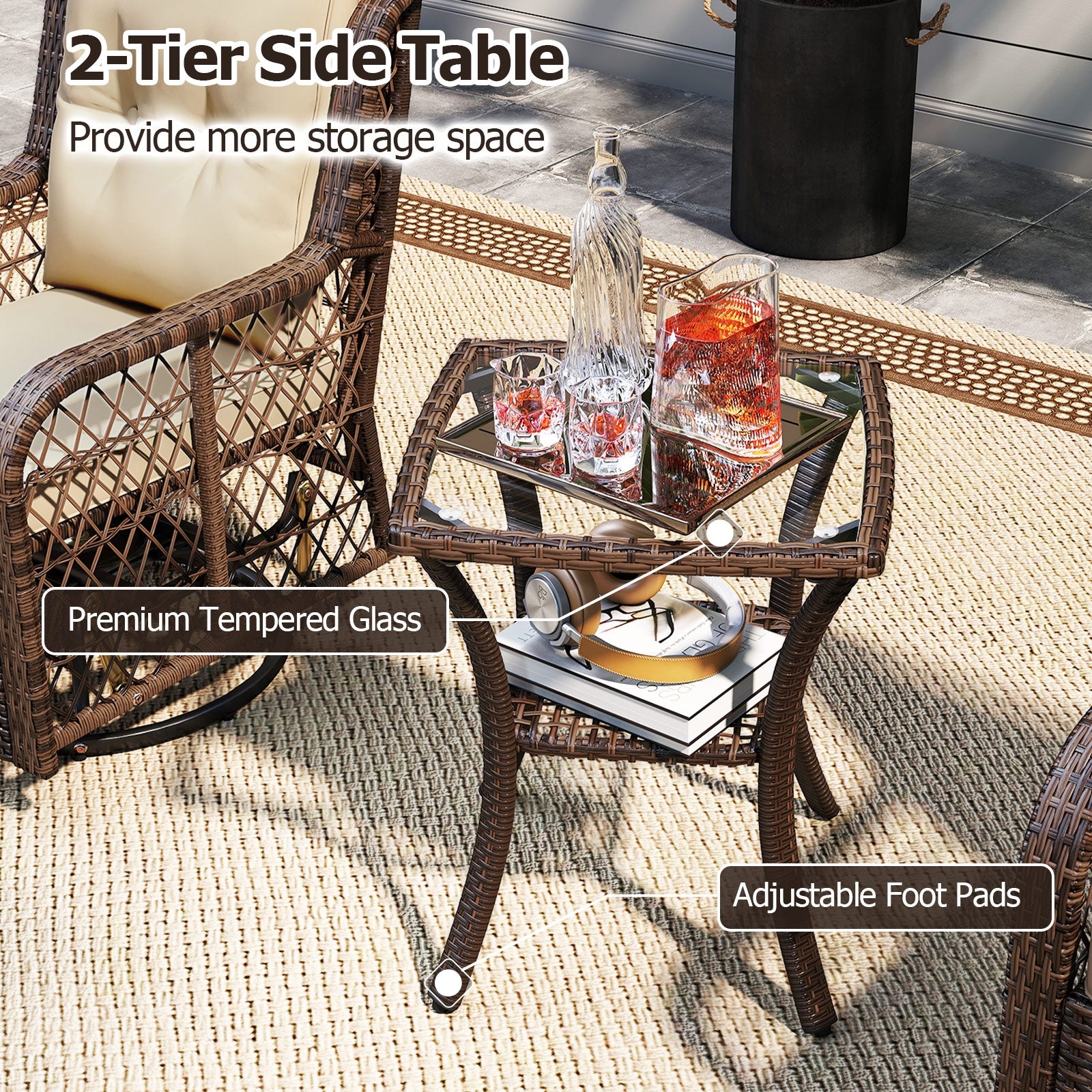 3 Pieces Patio Furniture Set PE Wicker Swivel Glider Chairs with 2-Tier Side Table and Cushions