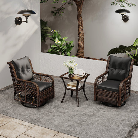3 Pieces Patio Furniture Set PE Wicker Swivel Glider Chairs with 2-Tier Side Table and Cushions