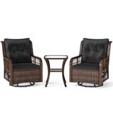 3 Pieces Patio Furniture Set PE Wicker Swivel Glider Chairs with 2-Tier Side Table and Cushions