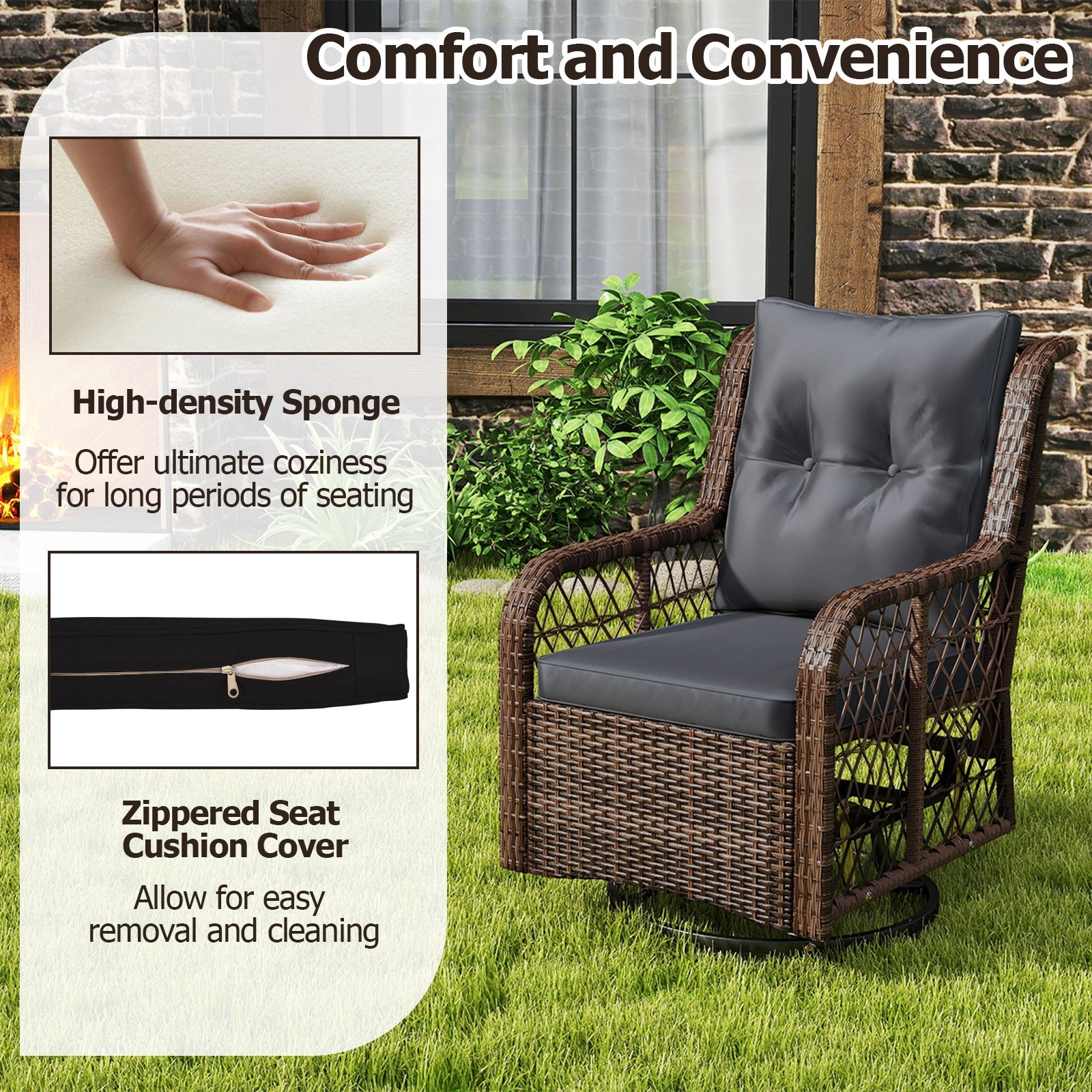 3 Pieces Patio Furniture Set PE Wicker Swivel Glider Chairs with 2-Tier Side Table and Cushions