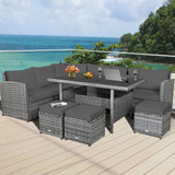 7 Pieces Patio Rattan Dining Furniture Sectional Sofa Set with Wicker Ottoman