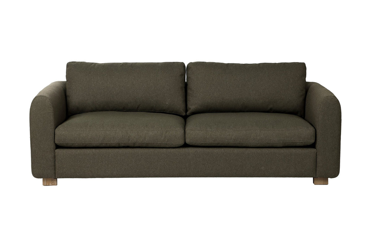 Isolde moss green sofa, front view with loose seat and back cushions