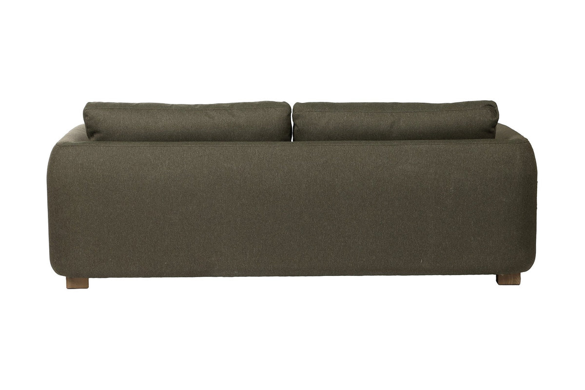 Isolde sofa back view, fully upholstered in moss green fabric
