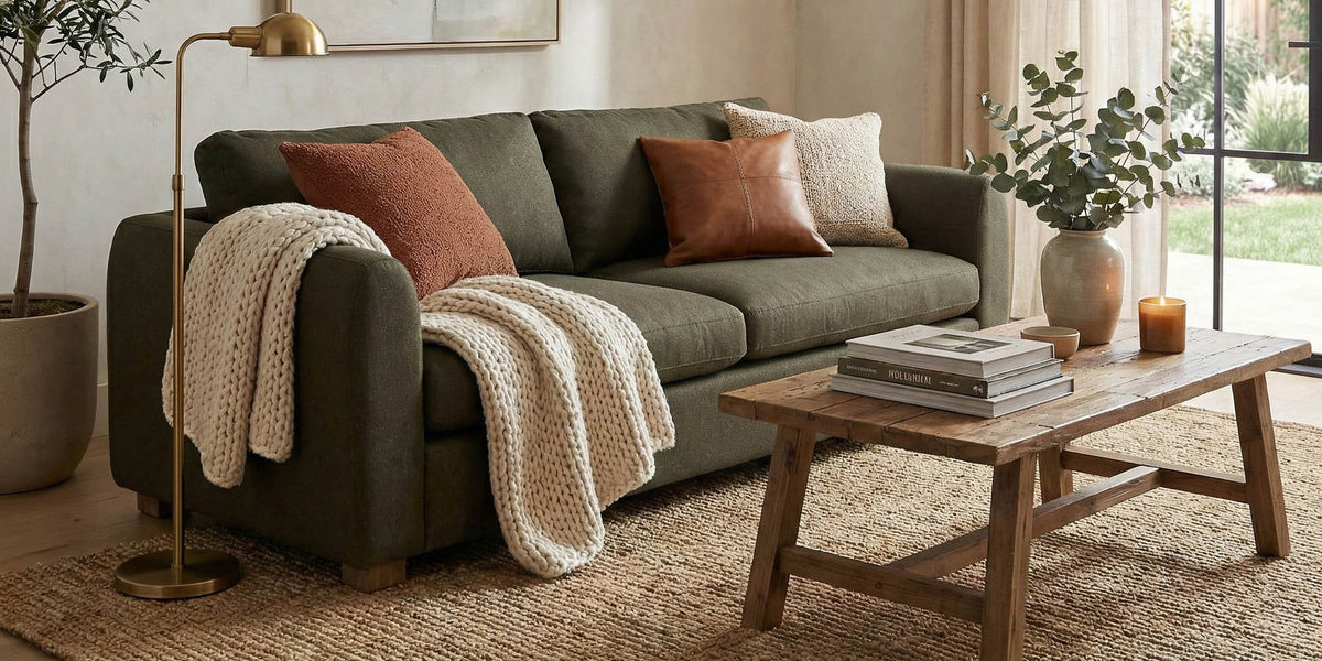 Isolde Moss Green Fabric Sofa with Rounded Arms
