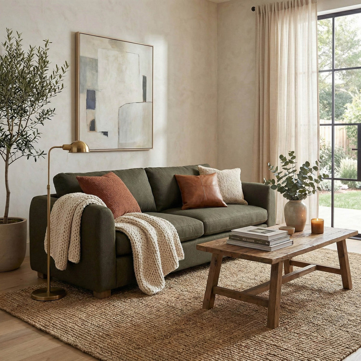 Isolde Moss Green Fabric Sofa with Rounded Arms