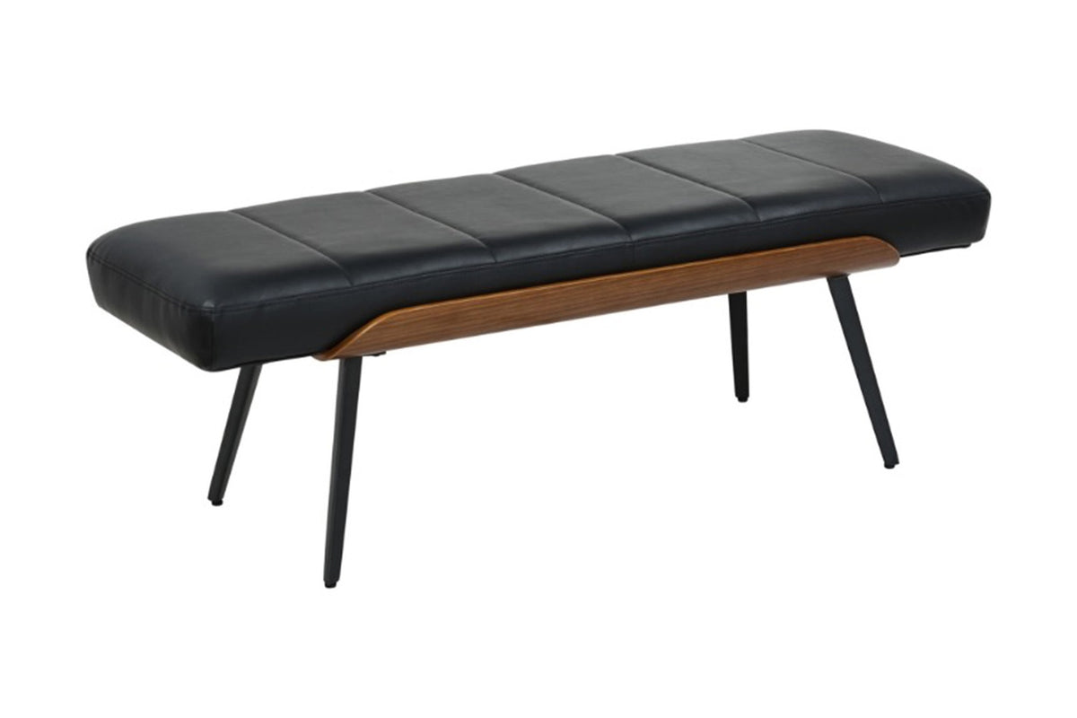 Iver 50-inch bench in black faux leather with walnut bentwood accent, three-quarter view