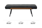 Iver black faux leather bench, front view with dimensions