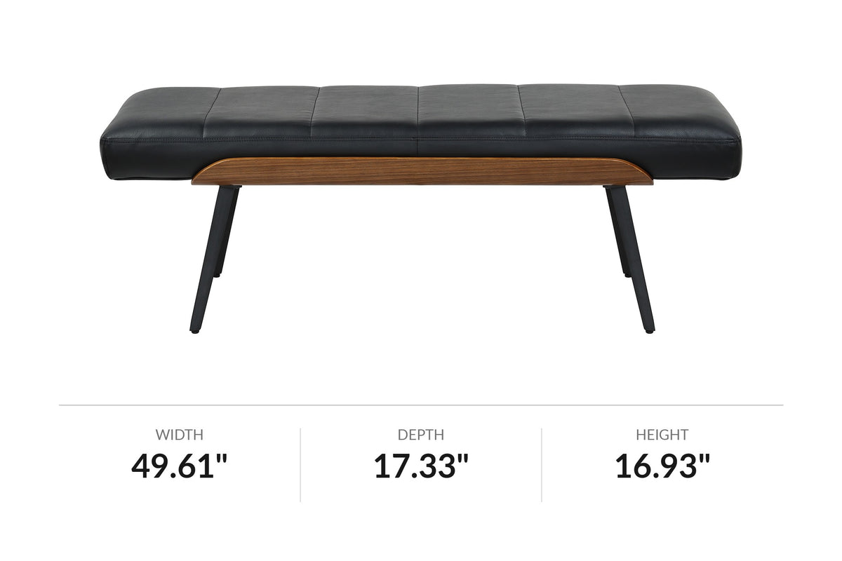 Iver black faux leather bench, front view with dimensions