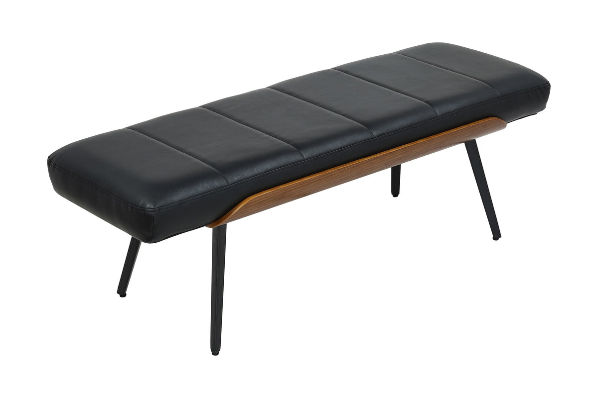 Iver black faux leather bench from the opposite end, showing the channel stitching