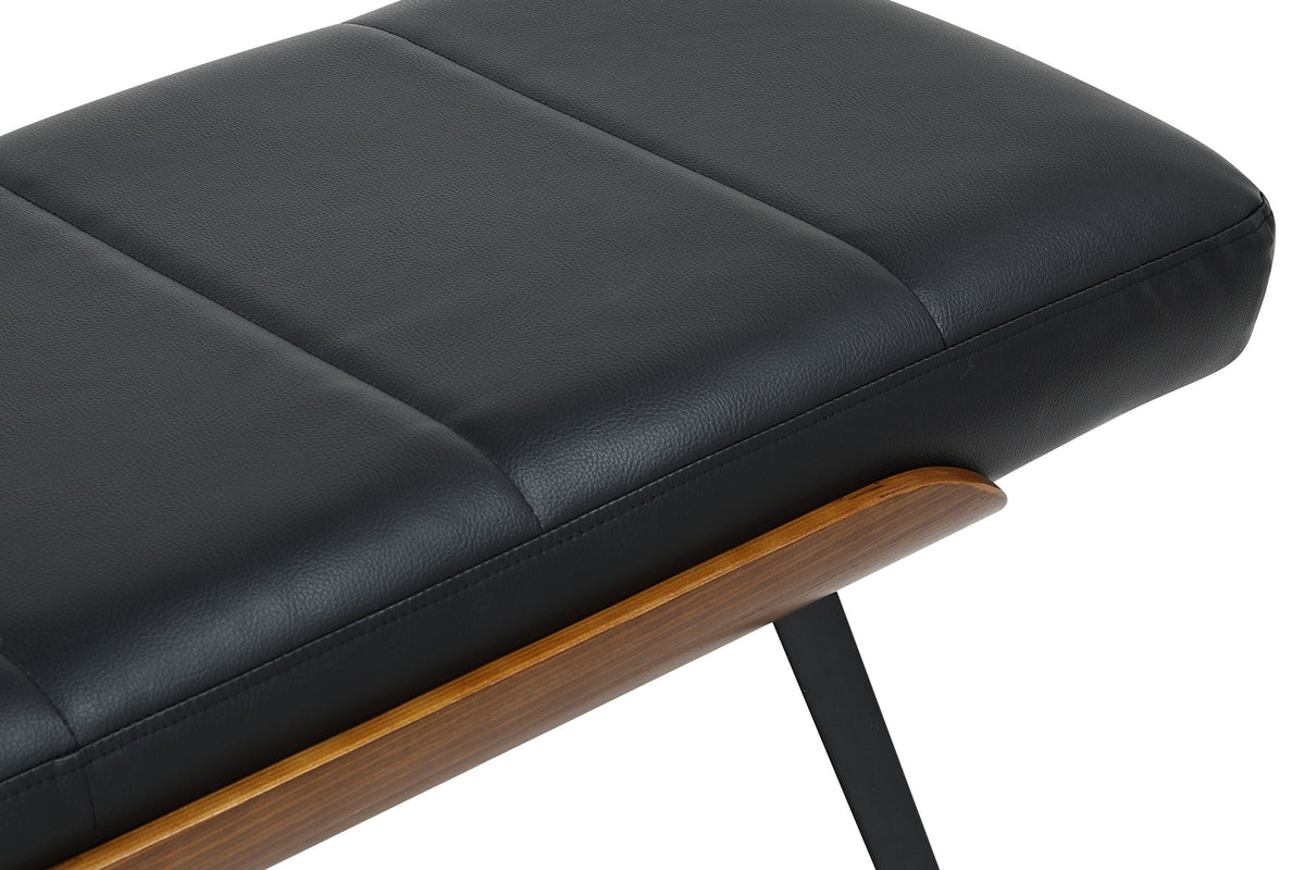 Close-up of the Iver stitched faux leather cushion, walnut bentwood and metal leg