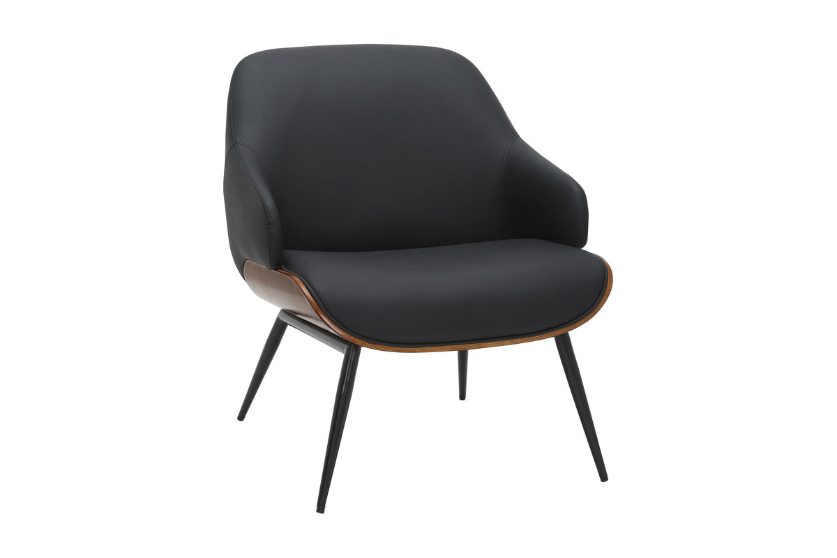 Iver accent chair in black faux leather with walnut bentwood frame, three-quarter view