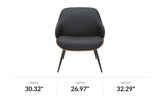 Iver black faux leather accent chair, front view with dimensions