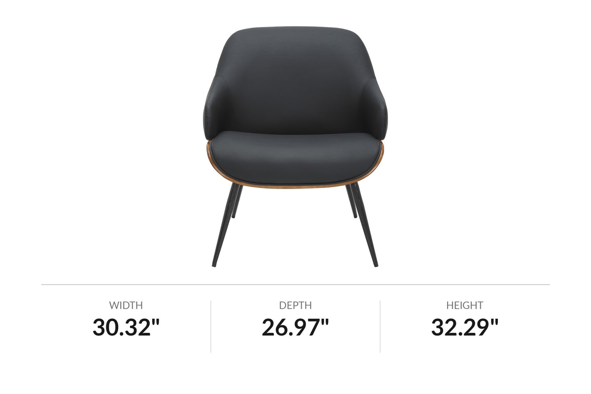 Iver black faux leather accent chair, front view with dimensions