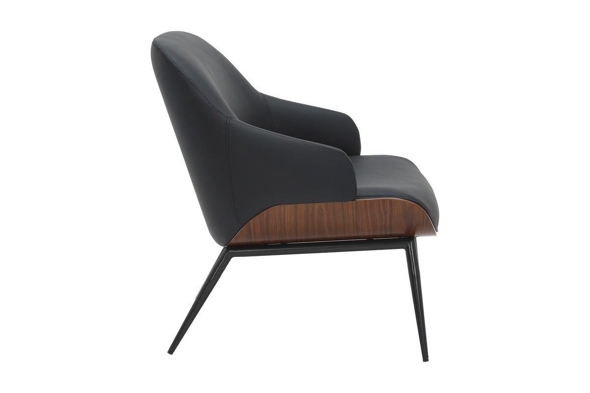 Iver accent chair side view showing the walnut bentwood shell and metal legs